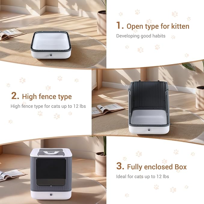 Foldable Cat Litter Box, Fully Enclosed Litter Box with Lid, Covered Kitty Kitten Litter Boxes Enclosure with Scoop, Odor Control, Easy to Clean, 3 Modes for Cat up to 12 lbs(White&Grey)