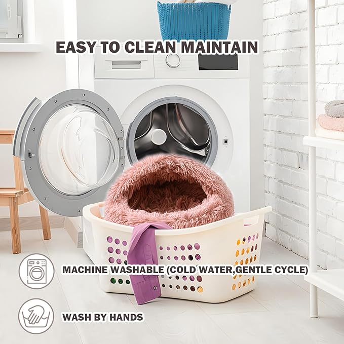 Cat Bed for Indoor Cats, Calming Cozy Cave with Self-Warming Plush, Entire Bed Machine Washable & Anti-Slip Base, Breathable Pet Bed for Small Cats&Dogs All Seasons (Leather Pink, 24 * 24inch)