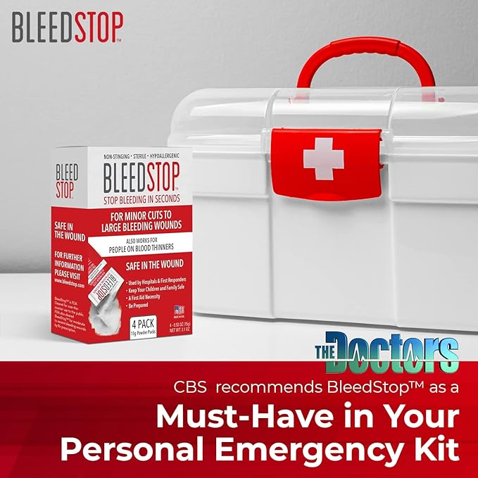 BleedStop™ First Aid Powder for Blood Clotting, Trauma Kit, Blood Thinner Patients, Camping Safety, and Survival Equipment for Moderate to Severe Bleeding Wounds or Nosebleeds (Double 4 Pack 15g)