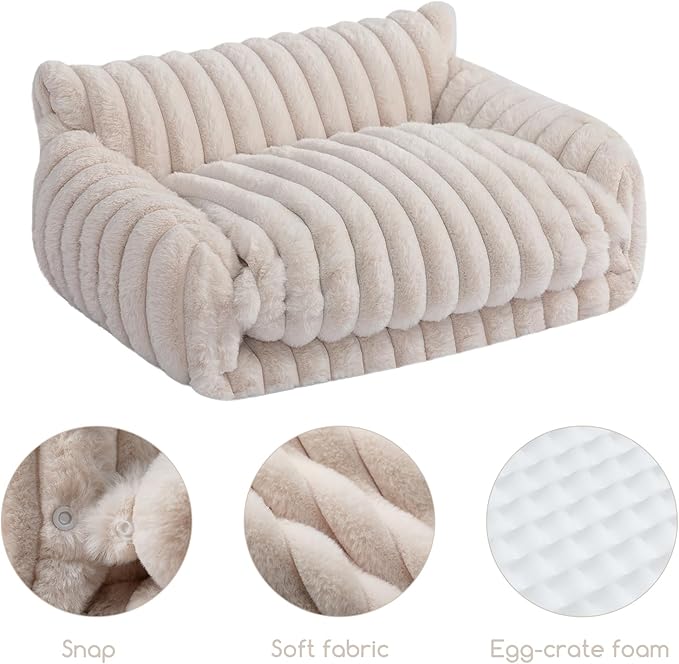 Hollypet Cat Bed Fluffy Plush Mutifuctional Double-Layer Soft Pet Couch Orthopedic Sofa Nest Beds for Small Cats and Dogs, Cream (21x15x8 inch)