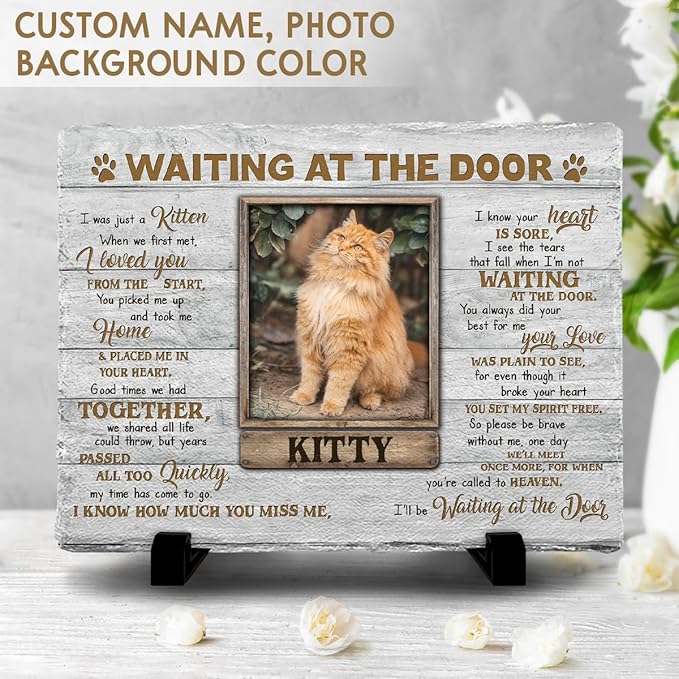 Personalized Cat Memorial Stone, Headstones Gift for Cat Lovers, Loss of Sympathy Gifts with Customizable Photo Prints, Name, Years, Background Color