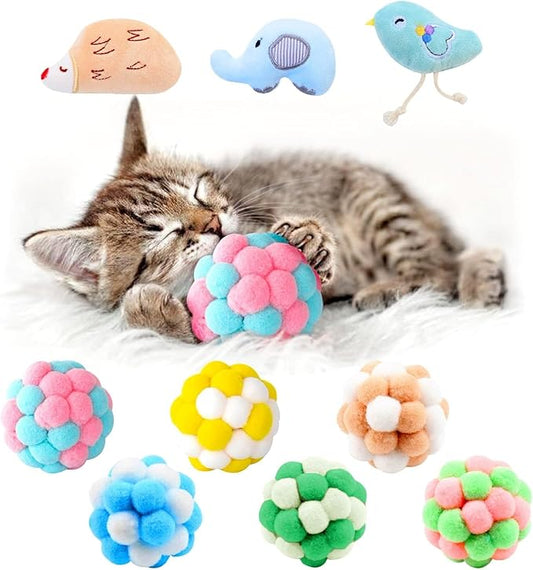 9 Pcs Cat Balls & Catnip Toys Set - Cartoon Fuzzy Balls, Soft & Lightweight - Kittens Chewing, Kicker Toys - Toys for Indoor Cats - Kitten & Cat Accessories - Pack of 9