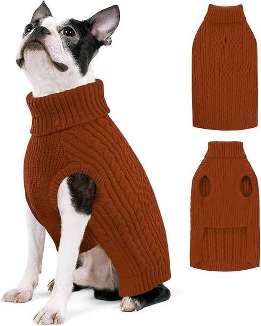 AOFITEE Dog Sweaters for Large Dogs, Stretchy Turtleneck Dogs Sweater for Christmas, Warm Dog Knitwear for Fall Winter, Pet Sweater with Harness Hole for Boston Terrier, French Bulldog, Brickred L