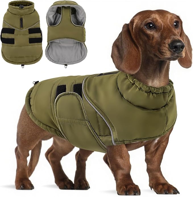 Peferhouse Dog Warm Winter Coat - Dog Cold Weather Reflective Jacket with Harness Hole Thick Vest ArmyGreen M