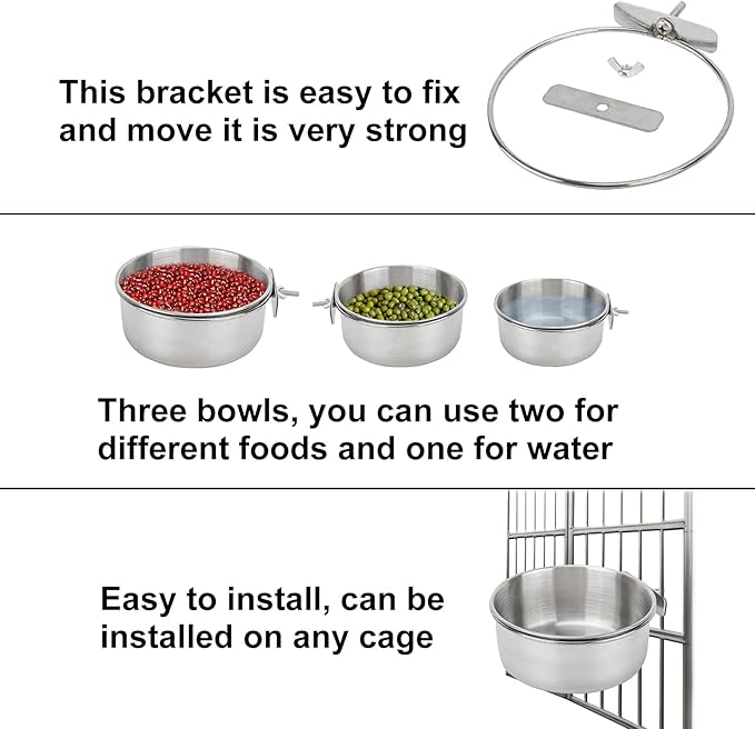 Bird Feeding Dish Cups 3 Pack Parrot Food Bowl Cage with Clamp Holder Stainless Steel Birdcage Coop Water Feeder for Cockatiel Conure Budgies Parakeet Macaw Finches Lovebirds Small Animal (S+M+L)