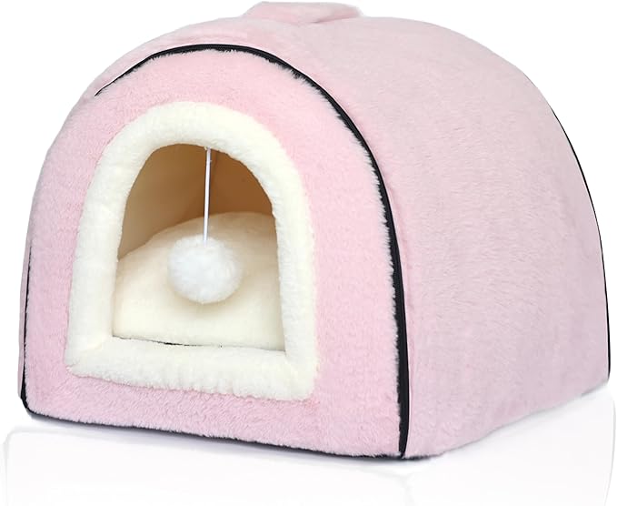 Cat Bed for Indoor Cats，Foldable cat cave，Anti-Slip & Water-Resistant Bottom，cat Houses for Indoor Cats or Small Dogs, Kitten Tent, Rabbit Bed，2 in 1 pet Bed (Pink)