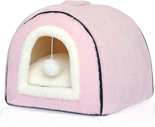 Cat Bed for Indoor Cats，Foldable cat cave，Anti-Slip & Water-Resistant Bottom，cat Houses for Indoor Cats or Small Dogs, Kitten Tent, Rabbit Bed，2 in 1 pet Bed (Pink)