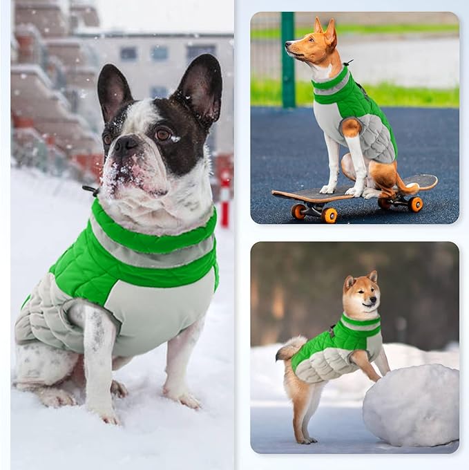 Winter Dog Coat,Large Dog Jacket,Waterproof Pet Jacket with Back Zipper,Pet Coat with Harness Built in,Warm Dogs Coat with Fleece Lined, Snow Jacket Clothes French Bulldog Shiba Inu,Green,L