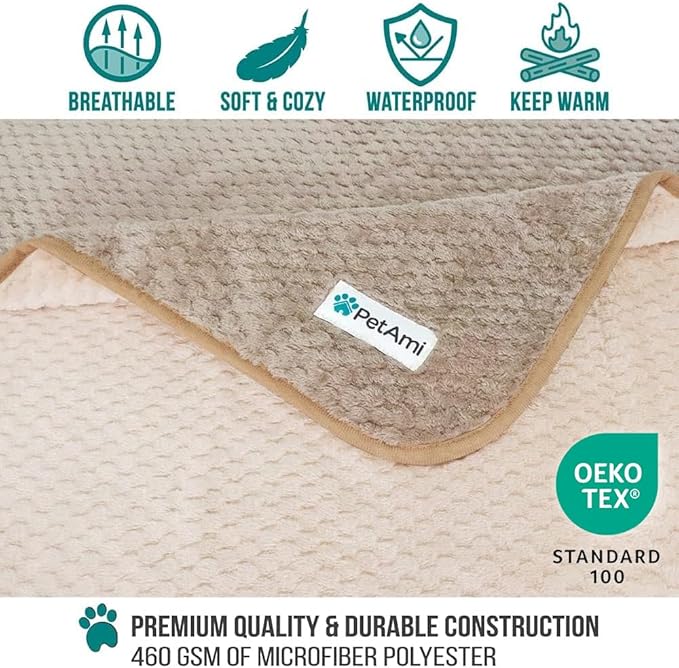 PetAmi Waterproof Dog Blanket, Leakproof XL Pet Blanket for Large Dogs, Furniture Sofa Couch Cover Protector, Fleece Cat Throw Bed Crate Kennel, Reversible Washable Soft Plush, Twin 60x80 Taupe Beige