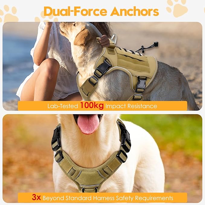 Heavy-Duty Tactical Dog Harness for Large Dogs, No Pull Adjustable Reflective Pet Vest with Molle System, K9 Military-Grade Control for Service Training, Outdoor & 10+ Breeds, Khaki, XX-Large