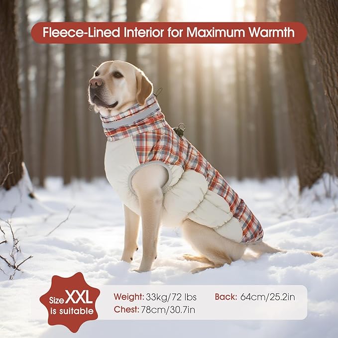 FUAMEY Dog Coat for Large Dogs,Waterproof Dog Winter Jacket with Harness Built in Puppy Cold Weather Coats Reflective Pet Vest with Zipper Warm Fleece Dogs Snowsuit Windproof Red Plaid XXXL