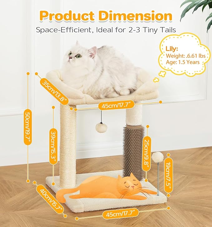 Made4Pets Small Cat Tree Tower, Cat Scratching Post 4-in-1 with Cat Self Groomer Brush, 20" Tall Natural Sisal Cat Scratcher, Soft Plush Cat Perch Bed with Dangling Ball for Indoor Kittens, Beige
