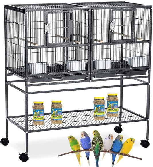 Combo Breeding Stacker Center Divided Breeder Bird Flight Double Rolling Cage with Side Breeding Nest Door (Black Vein, Single Stack)