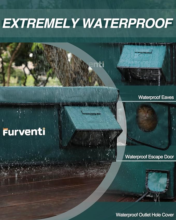 Outdoor Heated Cat House in Winter,Extremely Insulated & Weatherproof,Feral Cat Shelter with Waterproof Eaves & Escape Door for Outside Stray Barn Cat(Dark Green,25.6"x16.5"x13.4")