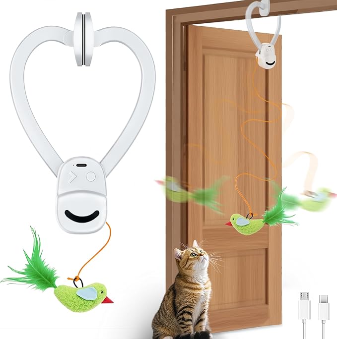 Interactive Cat Toys for Indoor Cats Automatic Electric Flying Bird Feather Wand Toy - Best Kitten & Adult Cat Enrichment Toy Hanging Electric Kitty Toys for Bored Cats
