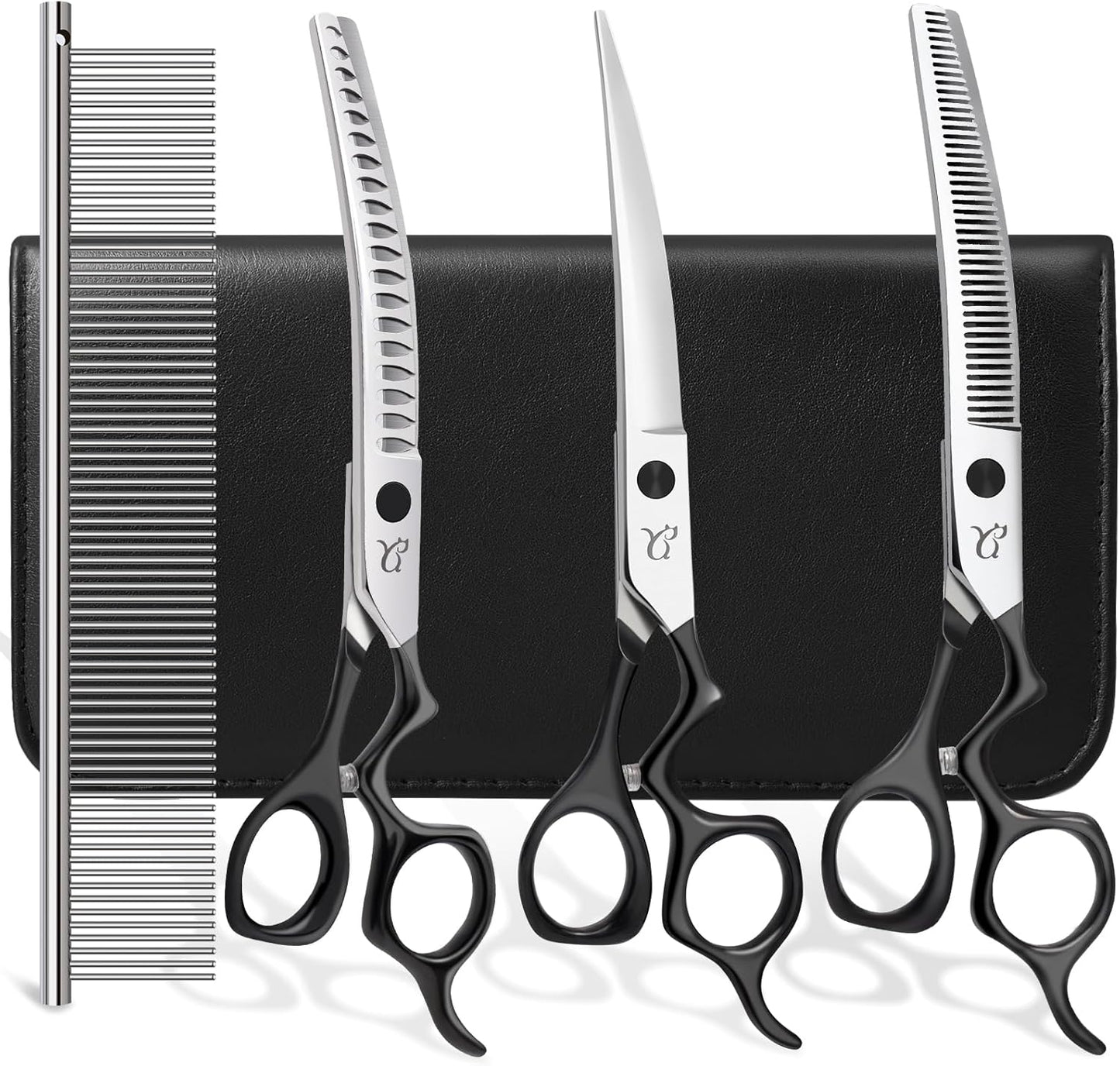 Dog Grooming Scissors,Curved Chunkers Shears Deg Grooming with Safety Round Tips, Sharp and Comfortable 4 in 1 Dog Scissers for Grooming