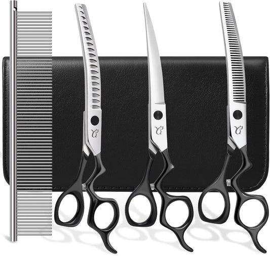 Dog Grooming Scissors,Curved Chunkers Shears Deg Grooming with Safety Round Tips, Sharp and Comfortable 4 in 1 Dog Scissers for Grooming
