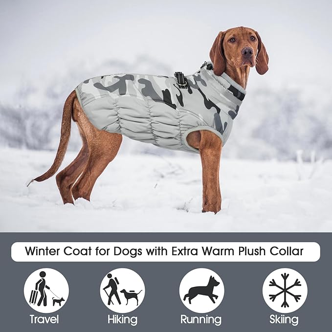 FUAMEY Dog Coat for Medium Dogs,Waterproof Dog Winter Jacket with Harness Built in Puppy Cold Weather Coats Reflective Pet Vest with Zipper Warm Fleece Dogs Snowsuit Windproof Grey Camo M