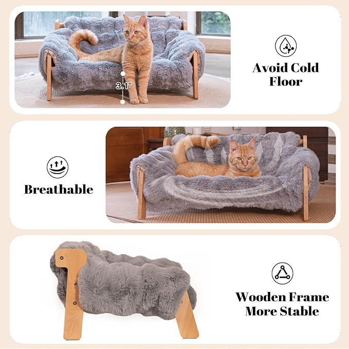 CHEERHOME PETS Elevated Cat Couch Bed for Indoor, Wooden Cats Sofa with Washable Fluffy Cover Raised Kitty Lounge Chair Suitable for Puppy(Cat Sofa,Dark Grey-Blue)