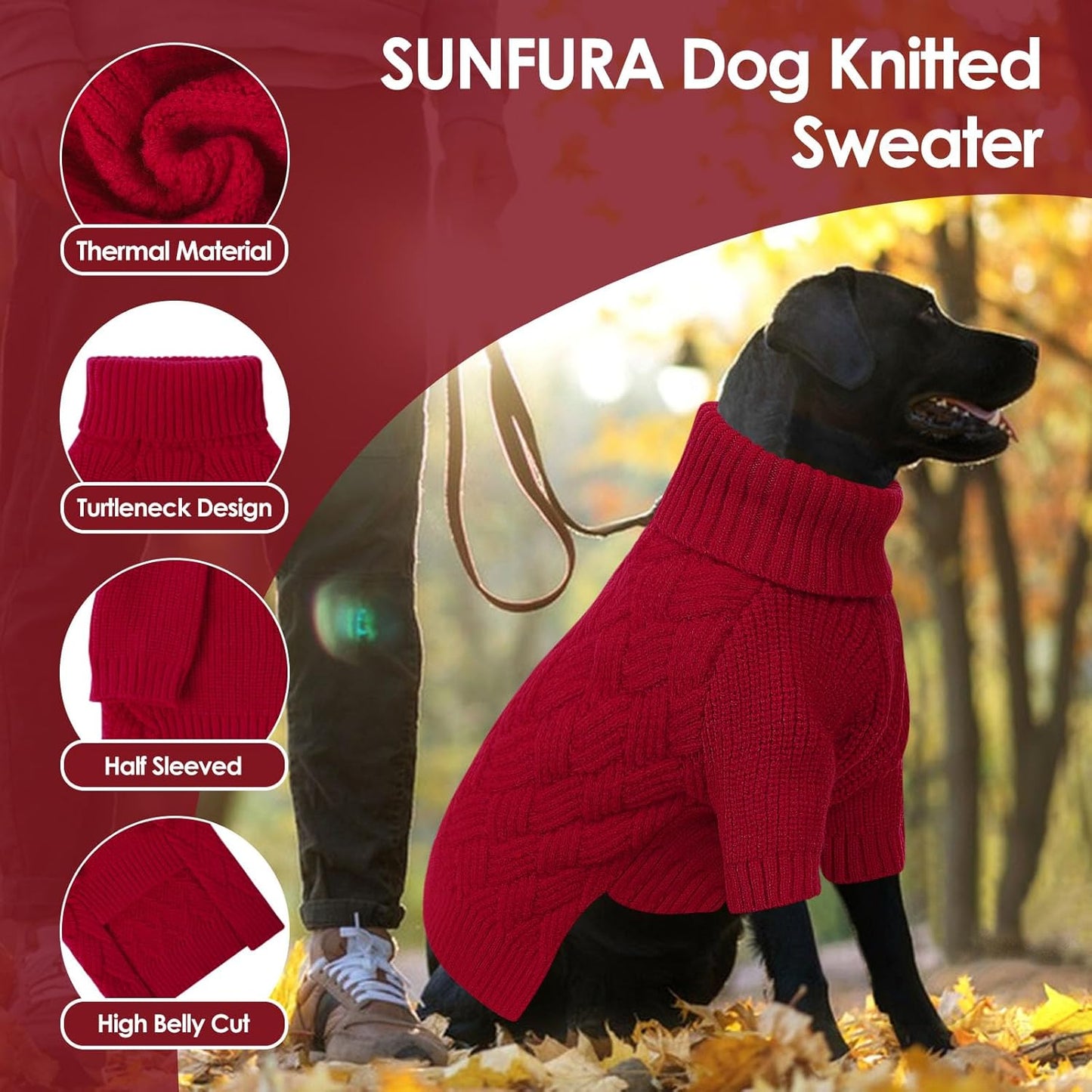 SUNFURA Dog Sweater Large Size Dog, XXL Pet Sweaters for Extra Large Dogs, Doggy Warm Turtleneck Christmas Sweatshirt Cold Weather Knit Pullover for Golden Retriever, Red XXL