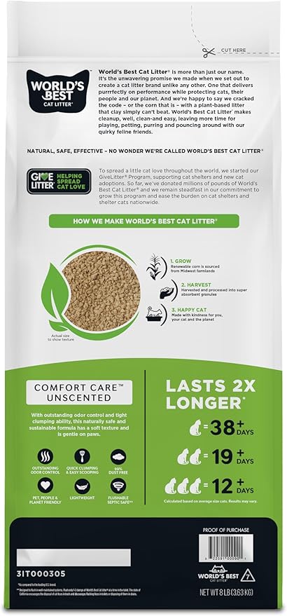WORLD'S BEST CAT LITTER Comfort Care Unscented, 8-Pounds - Natural Ingredients, Quick Clumping, Flushable, 99% Dust Free & Made in USA - Long-Lasting Odor Control & Easy Scooping