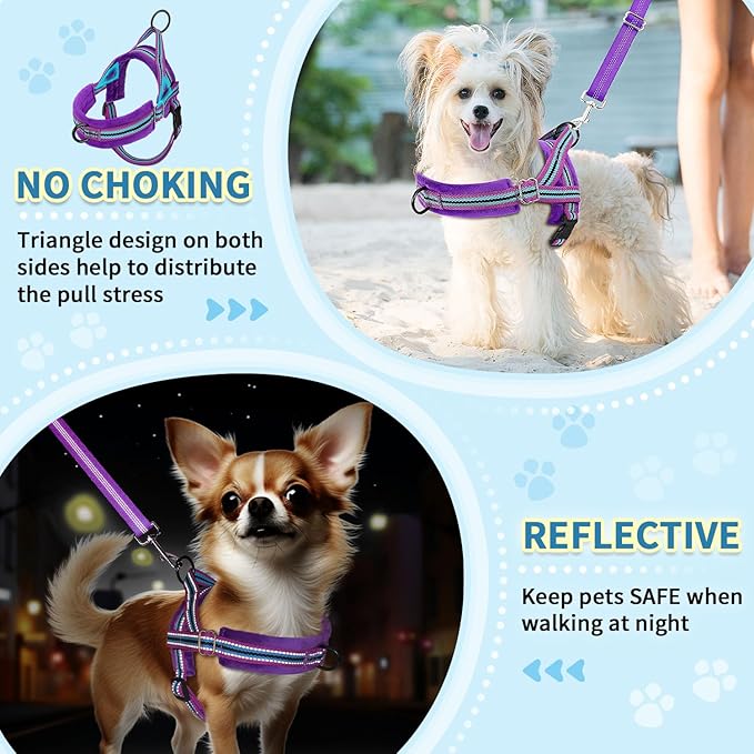 SlowTon No Pull Small Dog Harness and Leash Set, Puppy Soft Vest Harness Neck & Chest Adjustable, Reflective Lightweight Harness & Anti-Twist Pet Lead Combo for Small Medium Dogs (PU-Front Clip, S)