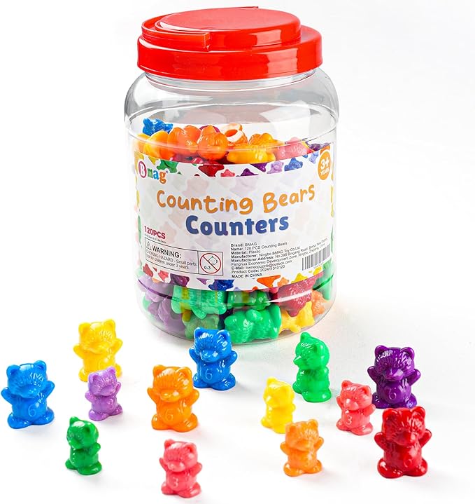 Bmag 120 PCS Counting Bears Math Manipulatives (60 Large & 60 Small Bears in 12 Colors), Color Sorting Toys for Toddlers 3+, Preschool & Kindergarten STEM Learning Educational Toys with Storage Jar
