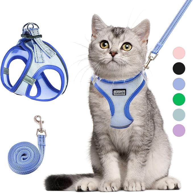 Cat Harness and Leash Set, Soft and Breathable Vest with Reflective Strip, Escape Proof Kitten Harness, Easy to Wear for Cats Walking and Traveling (Blue, S)