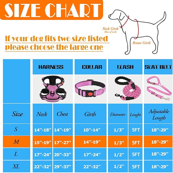 No Pull Dog Harness, Collar & Leash Set | Includes Dog Seat Belt, Collapsible Bowls & Poop Bag Dispenser. Ideal for Training, Walking, Hiking. Fits Small to Large Dogs(Pink-M)