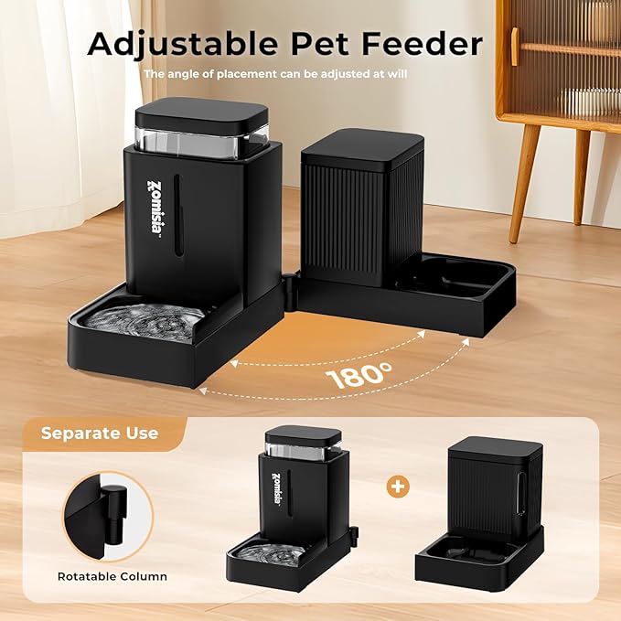 Gravity Cat Feeder and Water Dispenser, 2 in 1 Automatic Cat Feeder with 180 Degree Rotatable, 2 Pack Large Capacity Self Feeding for Small Medium Dog Puppy Kitten, Black, 1.6GALx2