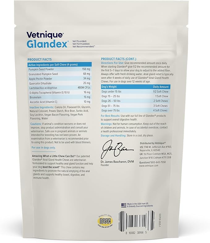Vetnique Labs Glandex Anal Gland Soft Chew Treats with Pumpkin for Dogs Digestive Enzymes, Probiotics Fiber Supplement for Dogs Boot The Scoot (Bacon/Pork Chews, 30 Count)