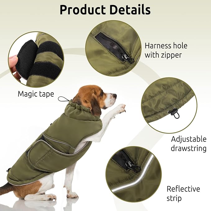 Peferhouse Warm Winter Coat for Large Dogs, Cold Weather Windproof Reflective Jacket With Harness Hole, Thick Vest ArmyGreen L