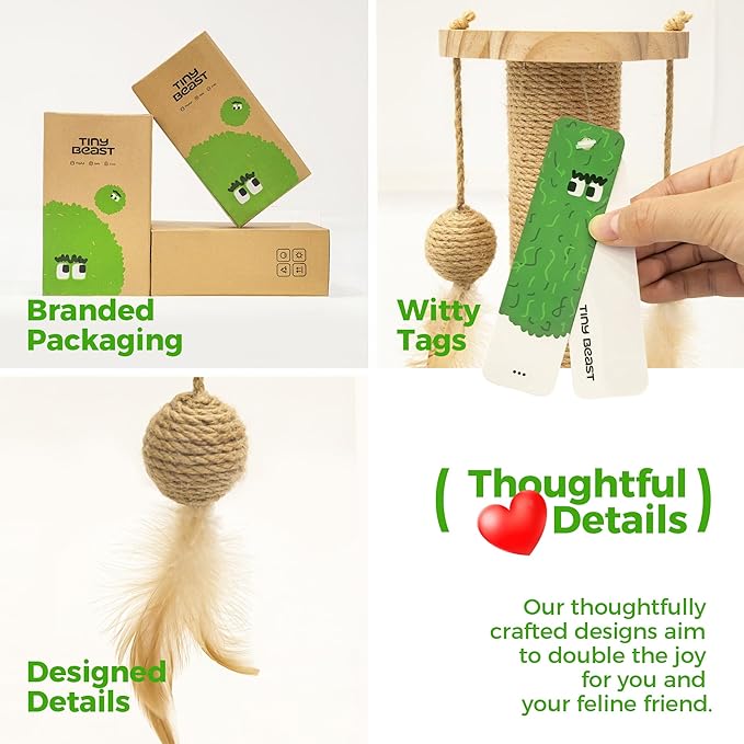TINYBEAST Wooden Cat Scratching Post, 4 in 1 Cat Scratcher Toy with Cat Ball Tracks, 18" Tall Sisal Scratch Post for Indoor Kittens Adult Cats, Interactive Feather Toy and 2 Sisal Hanging Balls