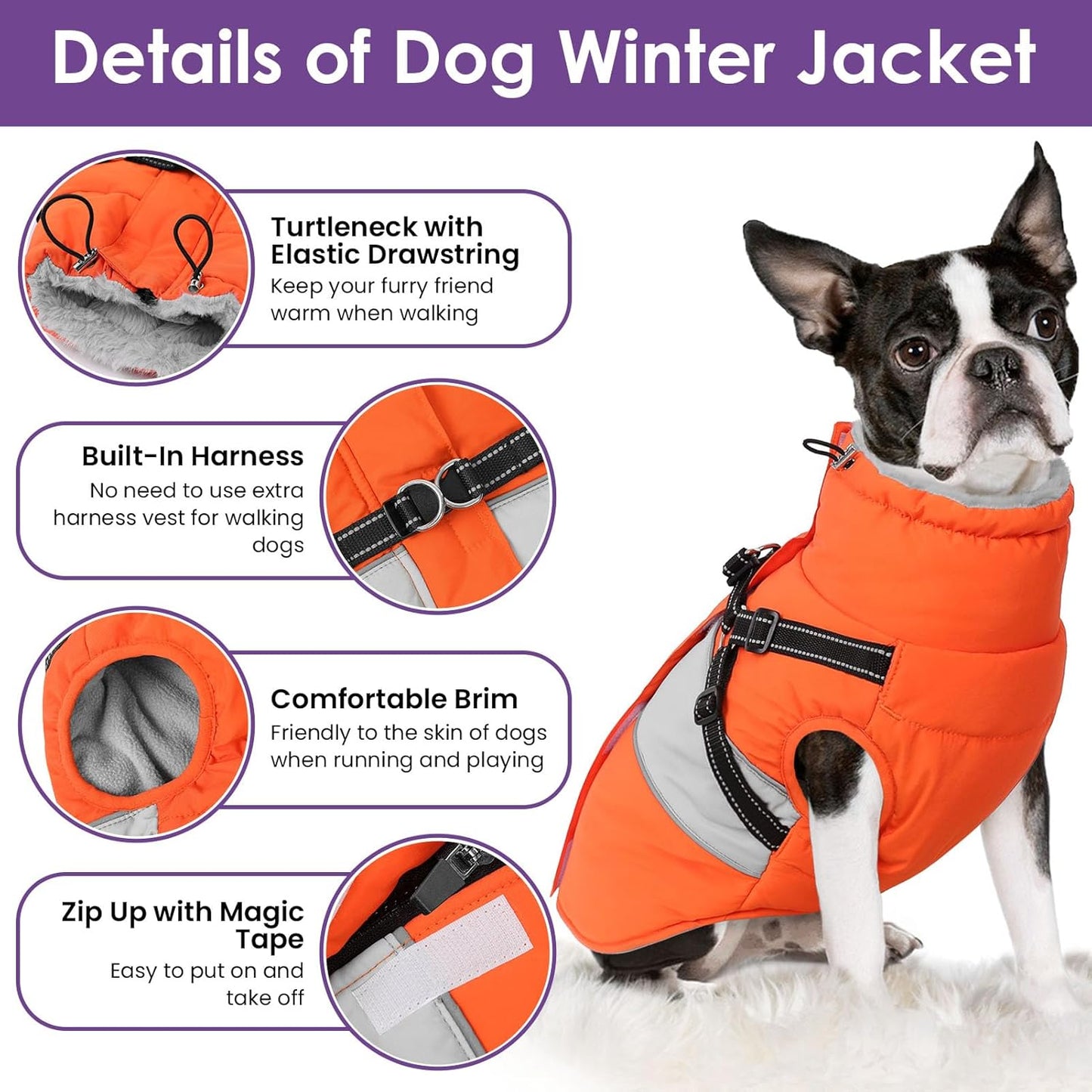 SUNFURA Dog Coat for Large Dogs, Warm Pet Jacket Winter with Harness Built in, Waterproof Pet Snow Jacket with Furry Collar, Reflective Fleece Snowsuit for Extra Large Dogs, Orange XL