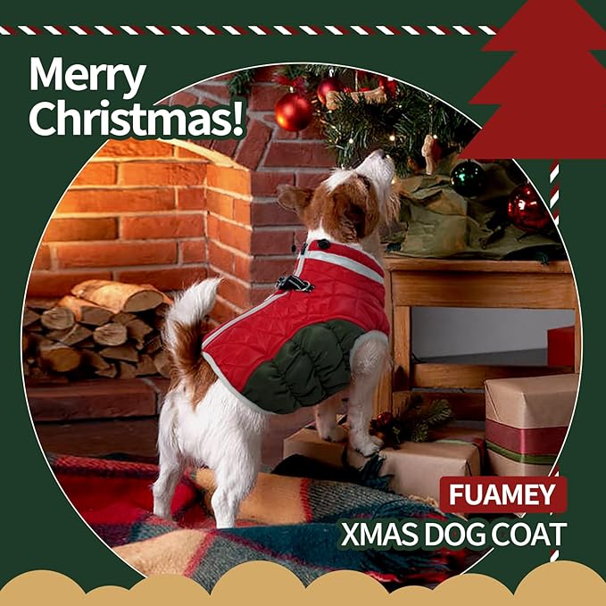 FUAMEY Dog Coat for Large Dogs,Waterproof Dog Winter Jacket with Harness Built in Puppy Cold Weather Coats Reflective Pet Vest with Zipper Warm Fleece Dogs Snowsuit Windproof Christmas XXL