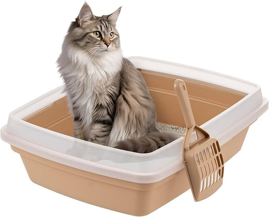 IRIS USA Cat Litter Box, Open Top with Scoop, Easy Clean Plastic Pan for Indoor Cats & Kittens, Beige