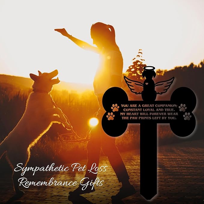 Dog Grave Marker Angel Cross – Pet Remembrance Gift for Loss of Dog, Weatherproof Metal Headstone for Yard, Garden or Indoor Memorial, 12in Sympathy Tribute Sign