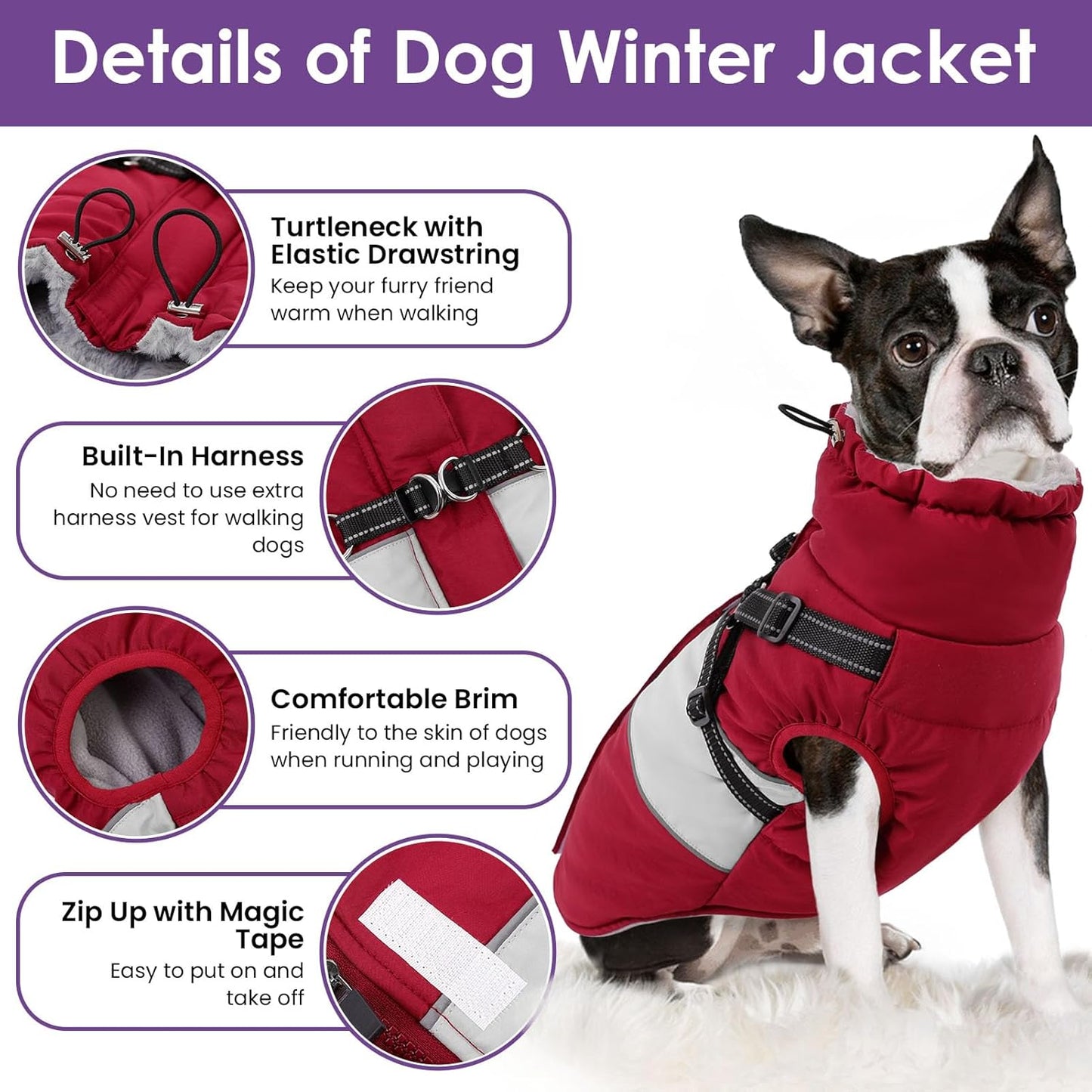 SUNFURA Dog Coat for Large Dogs, Warm Pet Jacket Winter with Harness Built in, Waterproof Pet Snow Jacket with Furry Collar, Reflective Fleece Snowsuit for Extra Large Dogs, Burgundy XL