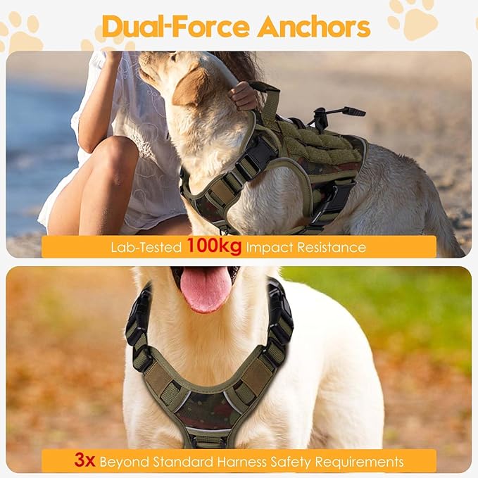 Heavy-Duty Tactical Dog Harness for Large Dogs, No Pull Adjustable Reflective Pet Vest with Molle System, K9 Military-Grade Control for Service Training, Outdoor & 10+ Breeds, Green Camo, Medium