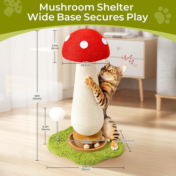 Cat Scratching Post, Mushroom Cat Scratcher with Interactive Ball Track Spring Ball Cat Toys,Durable Cute Sisal Cat Scratchers Post for Indoor Cats Adults Kitten with Stable Base