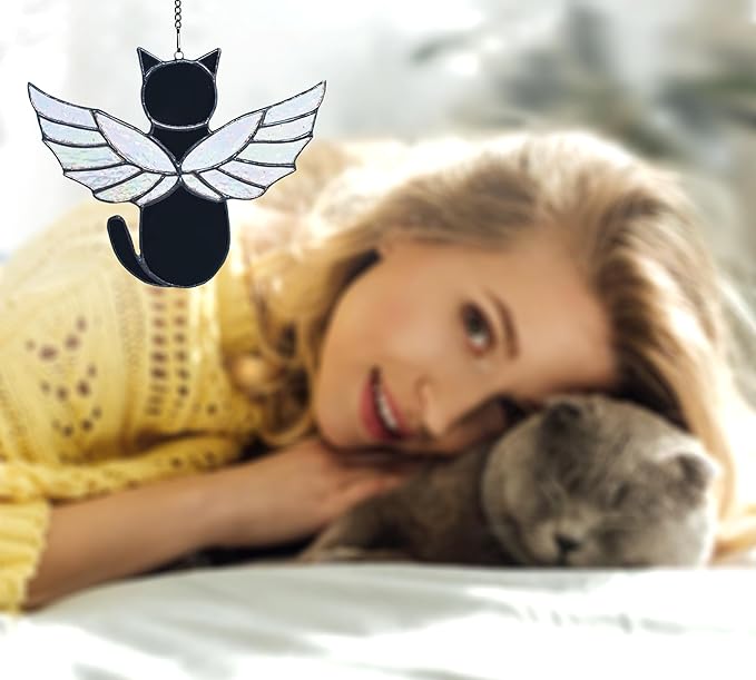 Angel Rainbow Wing Cat Memorial Gifts, Stained Glass Decor for Window Hangings, Orange Black Cat Suncatcher, Loss of Pet Sympathy Gift (Black)