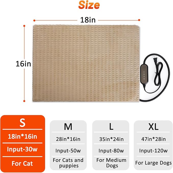 Cat Heating Pad, Waterproof Heated Cat Dog Bed with Adjustable Temperature & Timer, Electric Pet Mat for Indoor Cats Dogs, Chew Resistant Steel Cord（Small: 18"x16" Brown）