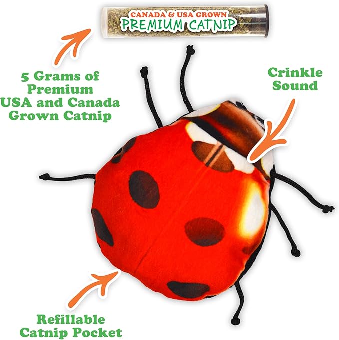 Meowijuana Lady Bug Bundle | Get Sprung Refillable Lady Bug Toy and Garden Pawty Catnip Blend | Promotes Play and Cat Health | Includes North American Organic Catnip