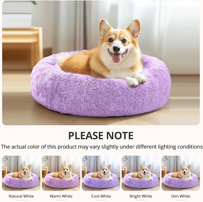 JOLLYVOGUE Medium Calming Dog Bed, Anti-Anxiety Donut Cuddler Cat Bed with Anti-Slip Bottom, Fluffy Faux Fur Machine Washable Pet Cushion for Medium Large Dog & Cat (31")