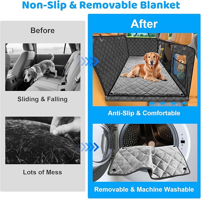URPOWER Dogs Back Seat Extender with Non-Slip Blanket - Hard Bottom Dog Car Seat Cover & Removable Dog Bed Mat, Waterproof Dogs Hammock for Car, SUV & Small Truck, Pet Backseat Protector Holds 420lbs