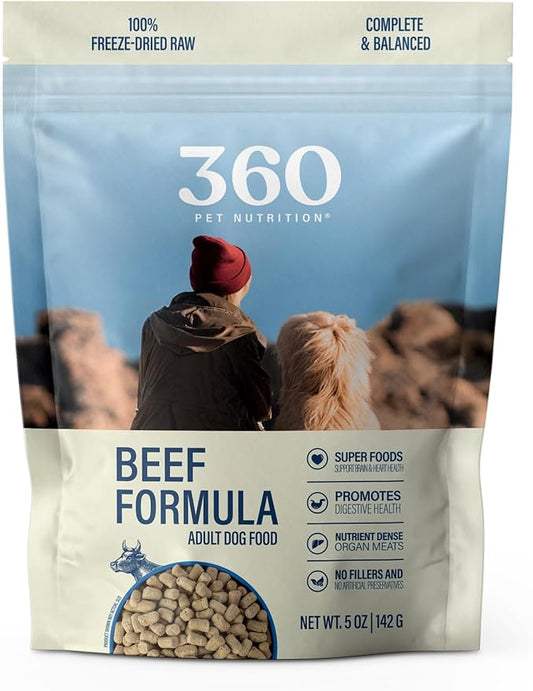 360 Pet Nutrition Freeze-Dried Raw Dog Food – Beef Recipe with Liver & Organs, High Protein with Omega-3s, Fruits, Veggies & Superfoods, Grain-Free, No Fillers, 5 oz – Made in USA