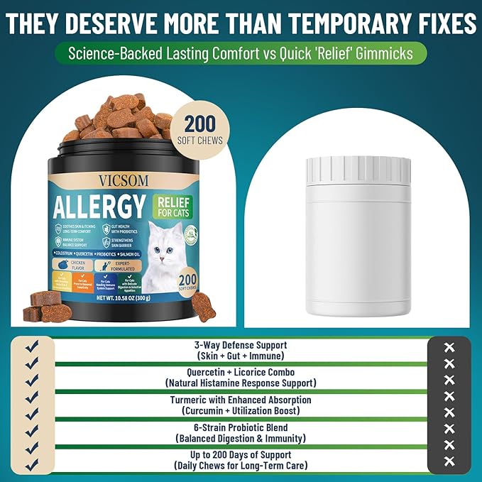 200 Natural Cat Allergy Relief Chews, Cat Itchy Skin Allergy Relief & Immune Support Chews for Seasonal Allergies Cats, Itch Relief for Cats, with Colostrum, Probiotics 1B CFU, Omega-3, Chicken Flavor