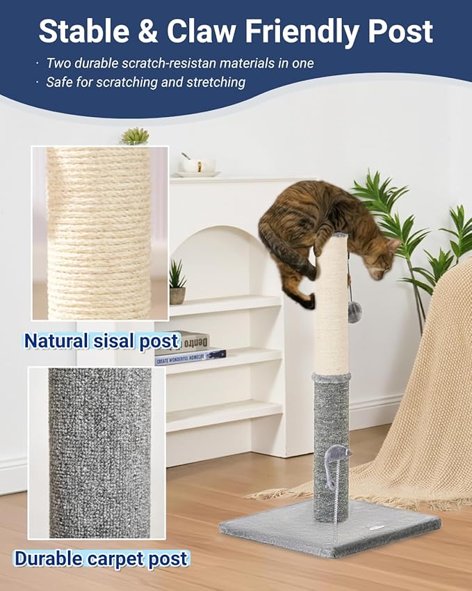 Happi N Pets 29.5" Tall Cat Scratching Post, Cat Scratchers for Indoor Cats, Sisal Scratch Post & Carpet Post in One, Stable Cat Scratch Post with Two Toys, Extra Free Toy, Light Gray