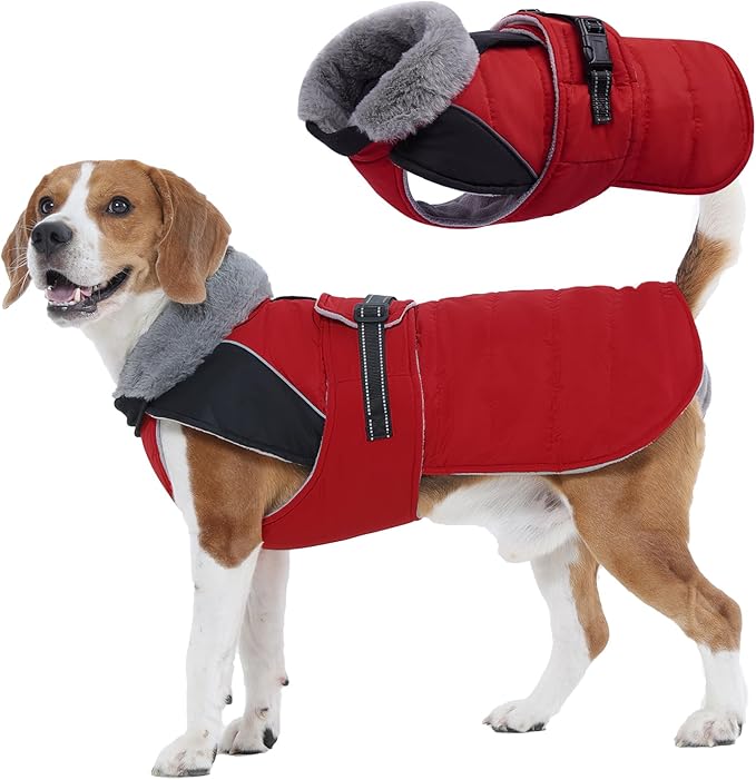 Nanaki Warm Dog Coats for Winter, Fleece Lined Furry Collar, Waterproof Reflective Dog Snowsuit with Leash Hole for Outdoor Walking Hunting, Easy On Cold Weather Puppy Jacket Vest, Beagle, Red L