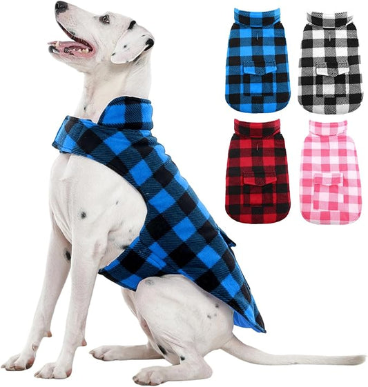 Kuoser Dog Winter Coat, Windproof Dog Fleece Jacket British Style Plaid Cold Weather Doggie Vest Coats, Reversible Cozy Warm Pet Clothes Apparel for Large Size Dogs XL